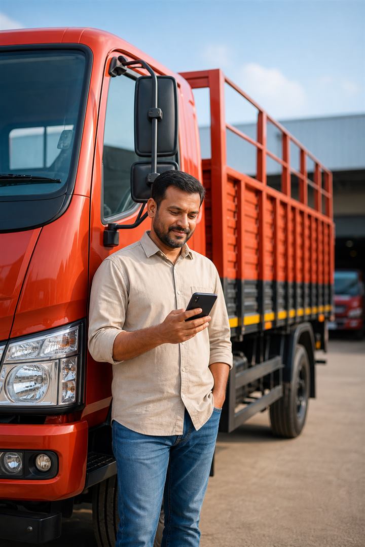 Commercial vehicle buyer checking on-road price on phone